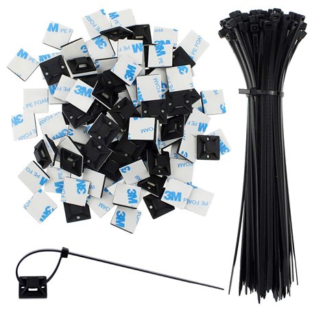 SRunDe Lot de 100 serre-câbles auto-bloquants multi-usages en nylon avec 100 supports de base adhésifs