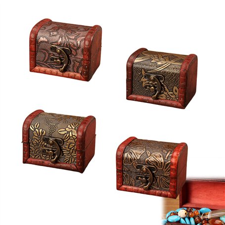 MEGYAD Lot de 4 mini coffres au trésor en bois avec couvercle et bouton en métal - Avec gravure - 8 x 6 x 6 cm - Pour accessoire