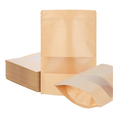 50 sacs en papier kraft avec fenêtre - Sacs en papier kraft refermables 18 x 26 cm - Papier kraft - Pour noix