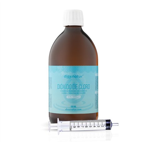 DIOXNATUR® Dioxyde de chlore 3000 ppm CDS 500 ml. Seringue de 10 ml incluse. Bouteille en verre ambré avec compte-gouttes