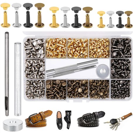 Lot de 180 rivets en métal pour cuir en 3 tailles - Fabriqués à la main - Rivets creux - Avec 3 outils de fixation - Boîte de ra