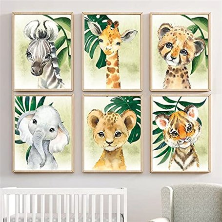 ZENUTA 6 Affiches Animaux De La Foret Bebe Enfant A4 Poster Elephant Lion Girafe Zèbre Tigre Tableaux Chambre Decoration Sans Ca