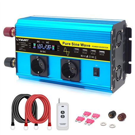 LVYUAN Convertisseur 12V 220V Pur Sinus 2000W/4000W Onduleur Transformateur de Tension avec écran LCD