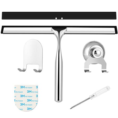 Raclette de douche en acier inoxydable 25 cm – Avec raclette en caoutchouc de rechange