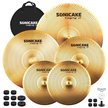 SONICAKE Cymbales à faible volume 14" HiHat+16" Crash+18" Crash+20" Ride jeu de cymbales mèche 5 pièces doré avec pochette de ba