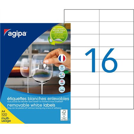 Agipa 101164 Lot de 1600 Etiquettes multi usage enlevable coins droits 105 x 37 mm Blanc