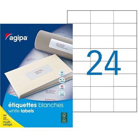 Apli Agipa – Pochette Étiquettes Adhésives Blanches Multi-Usages - Coins Droits – 70 x 37 mm – Certifié FSC – 600 Étiquettes