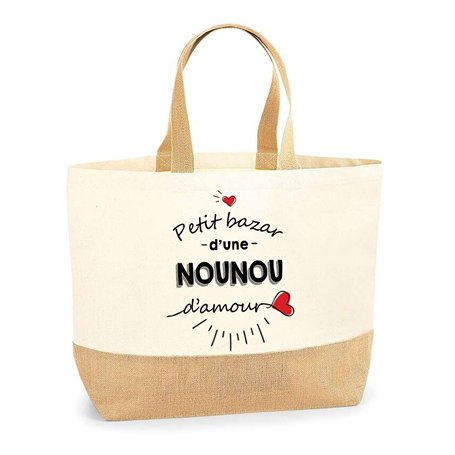 Sac Nounou d'Amour | Cabas de Plage Courses Coton et Toile de Jute Idée Cadeau Femme