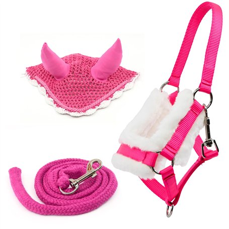 Hobby Horse Ensemble d'accessoires Licol moumoute Rose avec Longe et Bonnet Anti-Insectes Rose pour activité de Hobby Horsing.