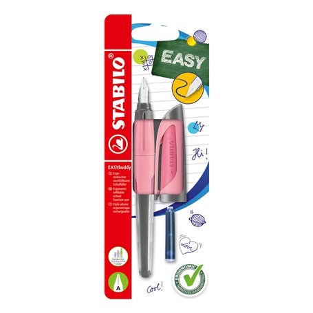 STABILO EASYbuddy Stylo-plume scolaire avec plume A pastel rose rouge encre bleue (effaçable) stylo unique avec cartouche inclus