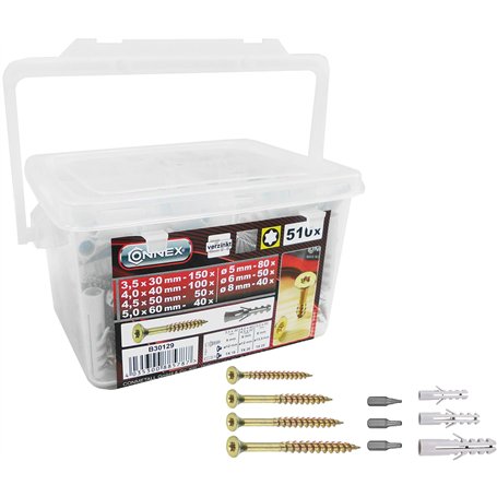 Connex B30129 Assortiment de 510 Vis universelles 4 sortes TX avec chevilles adaptées