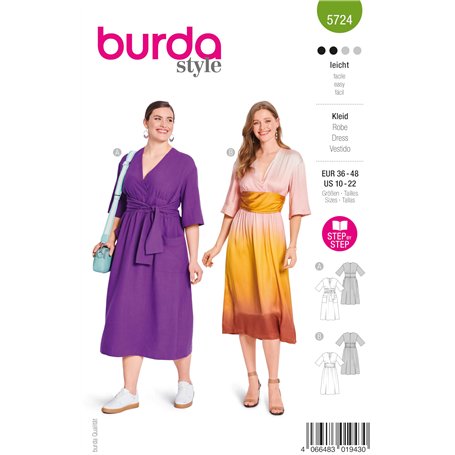 Burda style Patron de couture pour femme #5724 Robe midi avec effet enveloppant et robe avec ceinture Taille 36-48