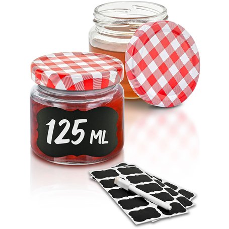 Praknu Pots à Confiture avec Couvercle - 25 Bocal en Verre 125 ml - Avec étiquettes & stylo - Étanche à l'air - Résistant au lav