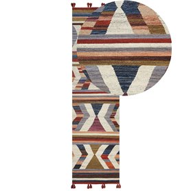 Tapis Kilim Multicolore en Laine 80 x 300 cm avec Pompons Oriental Fait Main Mrgashat