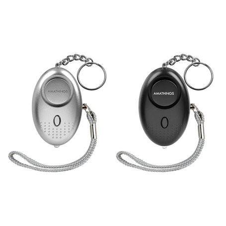 AMATHINGS Lot de 2 alarmes de poche - Noir/argenté - 140 dB - Porte-clés avec lumière LED - Alarme de panique - Porte-clés d'aut