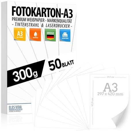 Carton de Bricolage A3 300 g/m² - 50 Feuilles de Carton Photo - Papier Blanc Pur de Qualité Supérieure pour la Photographie