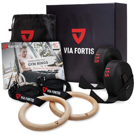 VIA FORTIS Anneaux de Gymnastique Premium en Bois avec Sangles