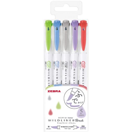 Zebra WFT8-5C-NC Mildliner Lot de 5 pinceaux de couleur