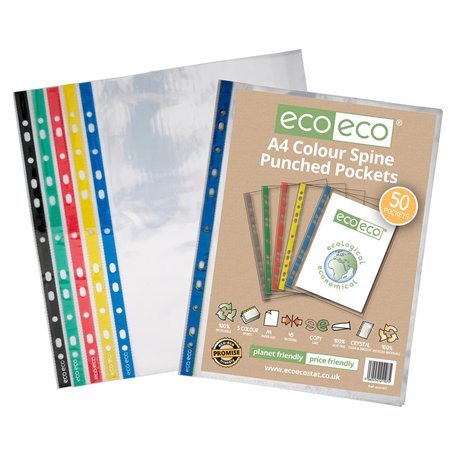 eco-eco Eco107 Lot de 50 pochettes perforées transparentes A4 100% recyclées Dos coloré 45 microns