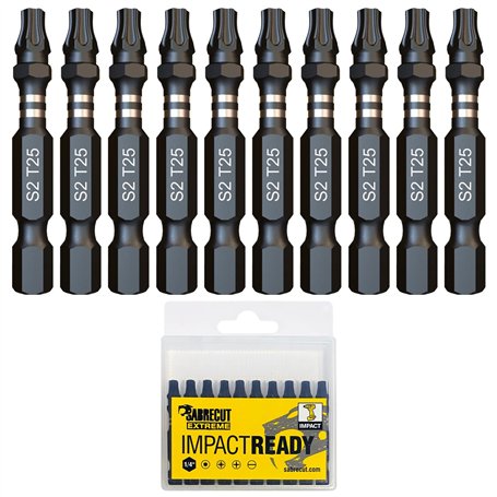 10 x SabreCut SCTX2550_10 50 mm TX25 T25 Jeu d'embouts de tournevis à percussion à une extrémité Torx Heavy Duty avec boîte de r
