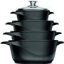 Smile MGK-12 Batterie de cuisine noire en aluminium moulé (4 casseroles avec 4 couvercles en verre trempé de sécurité et 2 maniq