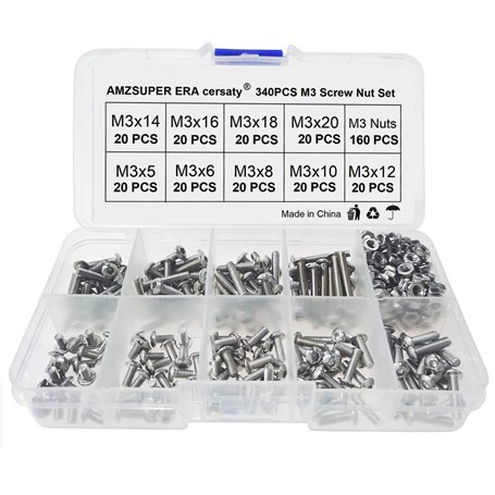 AMZSUPER ERA 340Pcs inox M3 hexagonale boulons vis écrou Assortiment Kit 5mm 6mm 8mm 10mm 12mm 14mm 16mm 18mm 20mm
