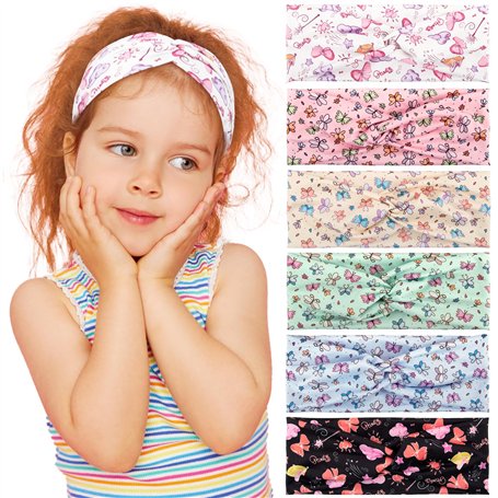 6pcs Bandeaux Large Cheveux Fille Headband Serre Tête Élastique Forme Papillon Dessin Animé en Tissu Vert Bleu Rose Noir Jaune B