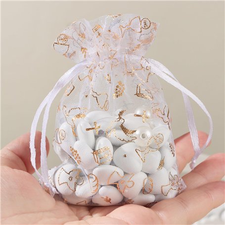 50Pcs Sachet Organza Pochette Dragée Baptême Communion Confirmation Blanc Doré Motif Colombe Croix Ange pour Cadeau Invité Bonbo