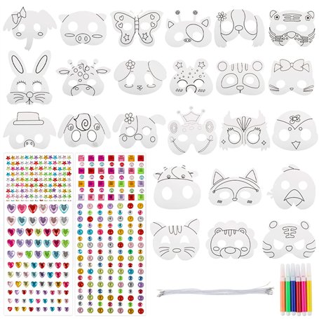 24PCS Masques Animaux et 4 Feuilles Strass Autocollant Avec Feutres de Coloriage Bricolage Enfant Accessoire de Déguisement Cade