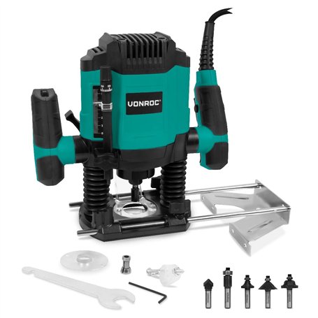 VONROC Défonceuse 1200W – 6-8mm – Vitesse variable 16 000 – 30 000 tr/min – Avec lot de 6 fraises