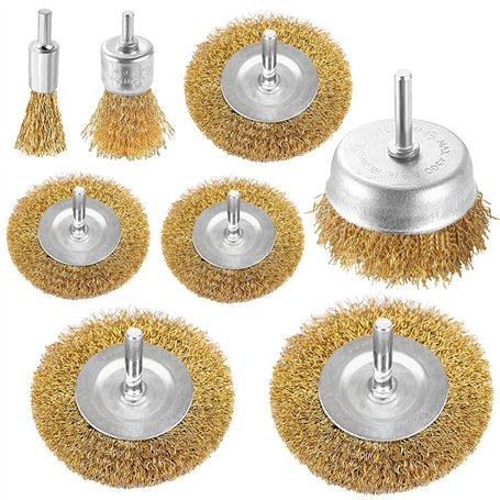 Lot de 8 brosses métalliques avec revêtement en laiton pour perceuse et meuleuse - Tige de 6