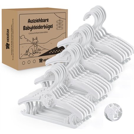 HOUISM Lot de 24 Cintres Enfant Extensibles Porte-Manteau avec Crochets Empilables et Crochet Coupe-vent