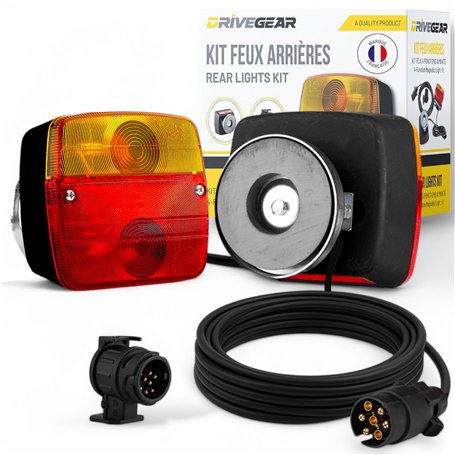 DRIVEGEAR Kit Feux Remorque Magnétiques 7 Broches avec Adaptateur 13-7 – Éclairage Remorque Puissant – Fixation Forte – Câble 7m