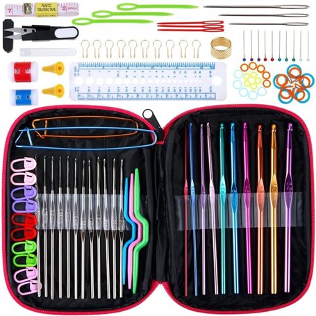Anpro Set de Crochets en Aluminium Tricot Outils 100 PCS Accessoires à Tricoter avec Trousse En Cuir Rose