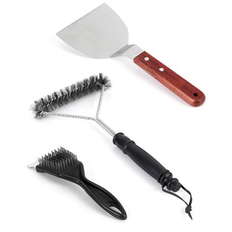 Kit de Nettoyage pour BBQ avec brosses en Acier et grattoir à Gril – Set de 3 brosses en INOX pour Grils à gaz