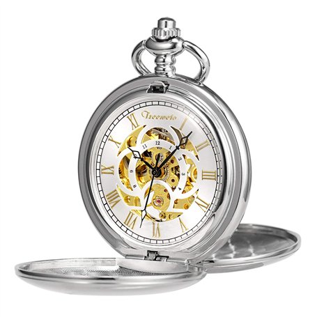 TREEWETO Montre de Poche Classique Lisse Double boîtier mécanique Steampunk Chiffres Romains Montre Gousset pour Homme et Femme