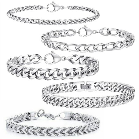 Eniyou 5 Pcs Bracelet Homme Acier Bracelet Acier Inoxydable Homme Gourmette Homme Bracelet Homme Acier Inoxydable Bracelet Homme