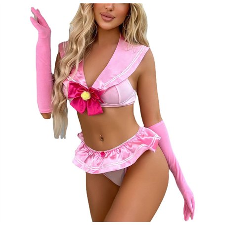 ROSVAJFY Femme Ecoliere Costume Sexy Lingerie Schoolgirl Cosplay Uniforme Etudiante Déguisement Rose Sous-Vêtement Babydoll Coqu