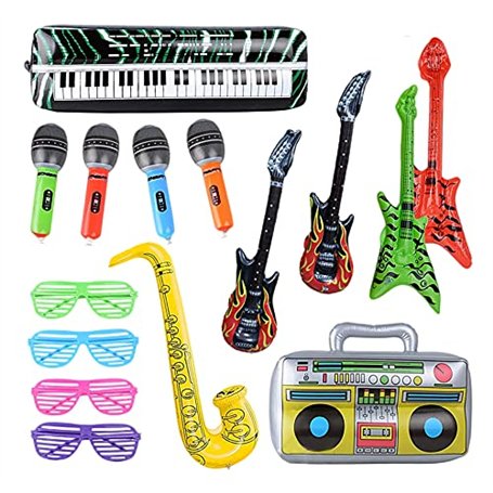 Lot de 15 instruments gonflables colorés - Jouet pour guitare aérienne - Saxophone gonflable - Microphone gonflable - Guitare Be