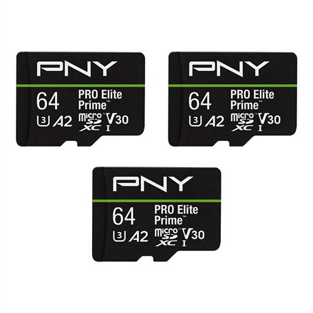 PNY Lot de 3 Cartes microSDXC 64GB Pro Elite Prime Class 10 U3 V30 A2 + Adaptateur SD - jusqu'à 200MB/s