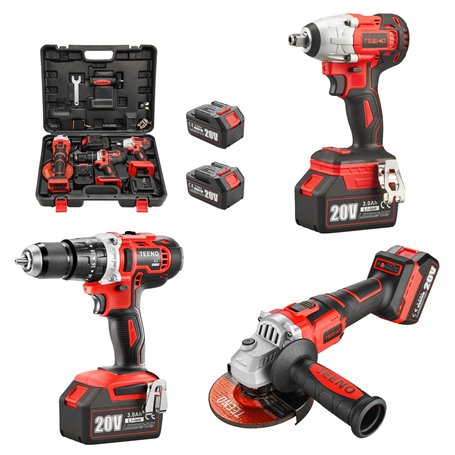 TEENO Tool Kit 3 Piece Set (Brushless Cordless Impact Wrench + Impact Drill + Brushless Angle Grinder) 20V 2 X Batterie 3Ah