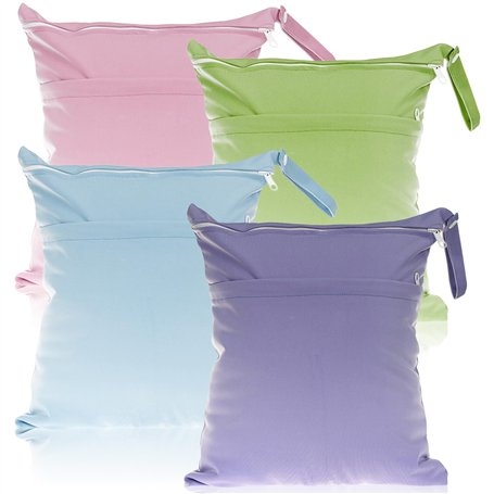 Lot de 4 grands sacs à langer imperméables réutilisables avec fermeture éclair pour bébé et voyage (bleu ciel + vert herbe + vio
