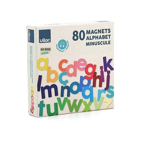 VILAC - Magnets Alphabet minuscules 80 pcs - Jeux Éducatifs - 80 Magnets Lettres minuscules en Bois - Jeux d'Eveil pour Enfant e