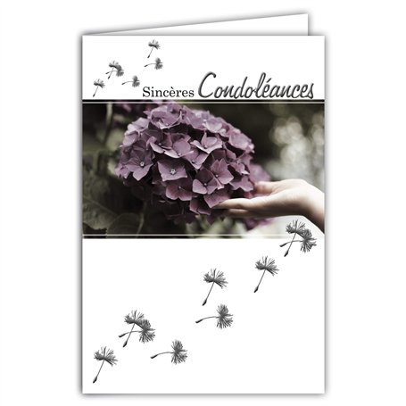 64-1038 Carte Sincères Condoléances avec Enveloppe Blanche - Argenté Brillant Fleur Hortensia - Graphisme Contemporain Deuil Déc