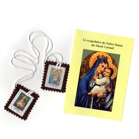 Scapulaire de Notre Dame du Mont Carmel en tissu marron tel que reçu par St Simon Stock. Avec feuillet explicatif.