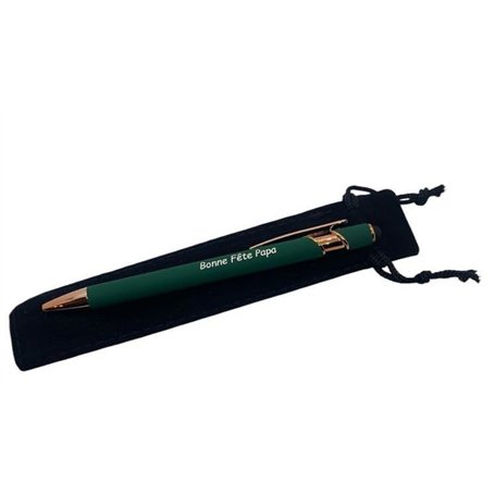 Stylo en métal vert gravé "Bonne Fête Papa" livré avec sa petite pochette noire en velours