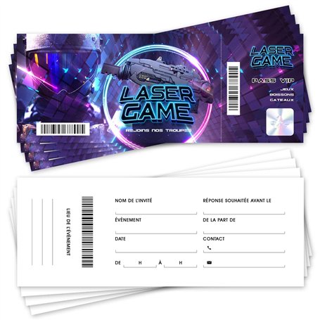 SoKawaï - Lot de 12 invitations anniversaire en Français | Thème Laser Game | Format ticket | Fête pour les enfants
