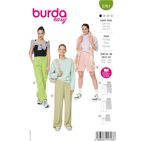 Burda style 5761 Patron de couture pour femme Pantalon cargo en 2 longueurs Taille 32-48 Niveau de couture 1 (super facile) avec