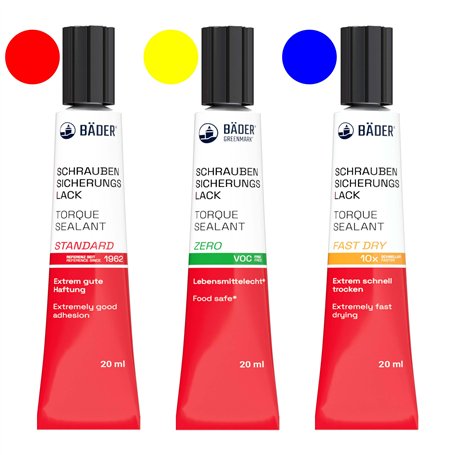 BÄDER LACKE. Lot de 3 peintures de sécurité pour vis Standard + Zero + Fast Dry Référence 1962 – Outil pour sécuriser