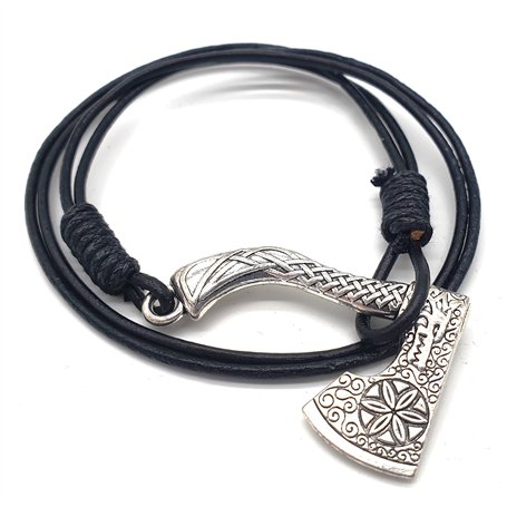 AB Viking Crafts Vikings Bracelet en cuir avec pendentif en forme de hache viking en métal dans une pochette à bijoux